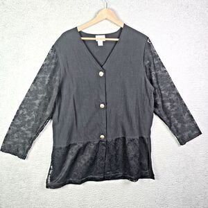 Delta Burke Womens Tunic Blouse 1X Black Lace Button Front Workwear USA